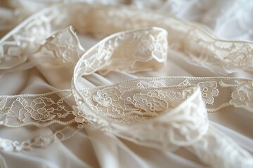 Thin, delicate lace ribbon, intricate patterns, soft focus on white vintage charm and grace 