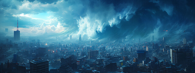 Huge tsunami wave destroying modern city. Great earthquake.  Effect of global warming and climate change. Weather and dangerous natural disaster concept. Illustration for background, banner, wallpaper