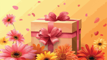 Gift box with beautiful flowers on color background Vector