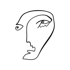 Boho line black-white face trendy line portrait. Abstract linear minimalistic face composition. Monochrome print for clothes, textile, wall handing, tapestry or living room decor. Vector fashion