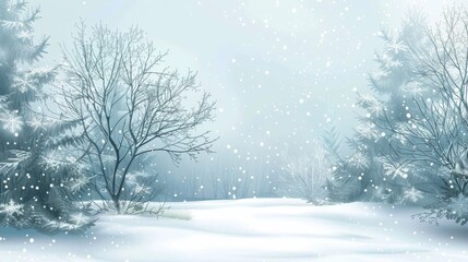 Fototapeta premium Snowy Landscape With Trees and Snow Flakes
