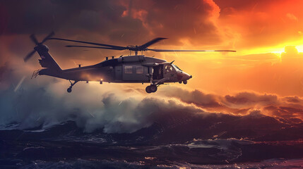Military helicopter takes off from the aircraft carrier in the stormy ocean at sunset.