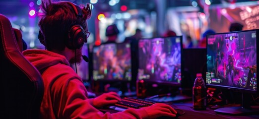 Naklejka premium Professional Gamer Playing First-Person Shooter Online Video Game on His Powerful Personal Computer