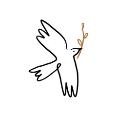 Line black-white art minimalistic dove logo or label. Flying pigeon ink sketch drawing. Celestial constellation folk bird illustration. Good for greeting card, banner, flyer, poster, wall handing and