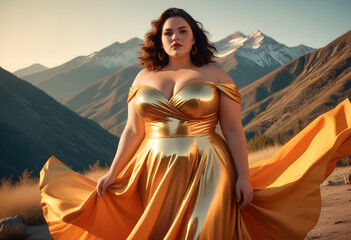 Zjawiskowa i zmysłowa modelka plus size w złotej sukni na tle górskiego pejzażu. Ciepła kolorystyka z nutą nostalgii