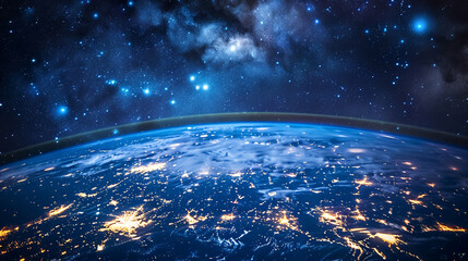 Obraz premium A breathtaking panoramic view of Earth from space, showcasing vibrant city lights across continents and soft, wispy clouds floating above