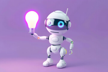 Fototapeta premium 3D Cute cartoon robot holding light bulb isolated on purple background. AI