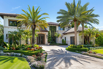 This stunning newly built Florida house boasts exquisite palm trees and a beautifully designed landscaped garden close to the beach 