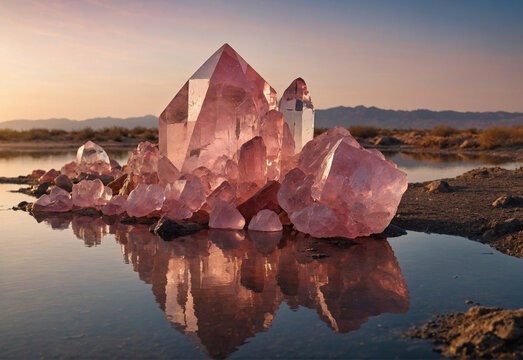 Rose quartz in the desert at lake at sunset