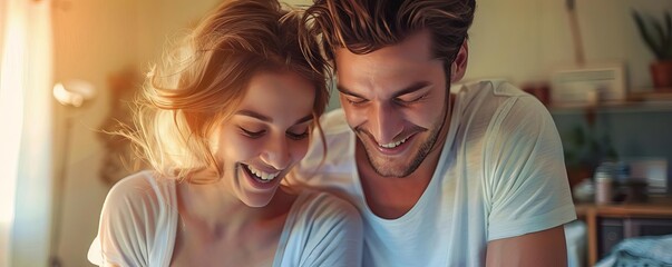 Couple conceiving after years of trying, positive pregnancy test, intimate, soft morning light, digital painting