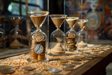 Time is Money Sand Clocks with Coins on a Table made 