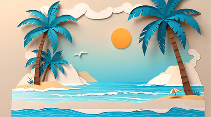 Obraz premium Paper art cut out of a tropical beach with blue ocean, palm tree, sand and sun made up of paper, 3d summer concept illustration, with copy space 