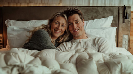 A couple, a man and a woman, are lying in bed and hugging. Couple in love.