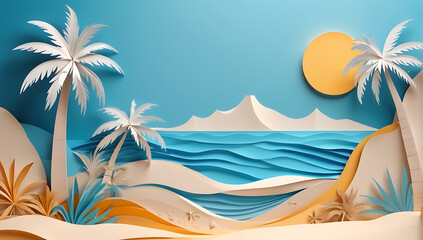 Paper art cut out of a tropical beach with blue ocean, palm tree, sand and sun made up of paper, 3d summer concept illustration, with copy space
