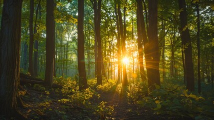 tall tress in a forest with bright sunlight shining through the trees