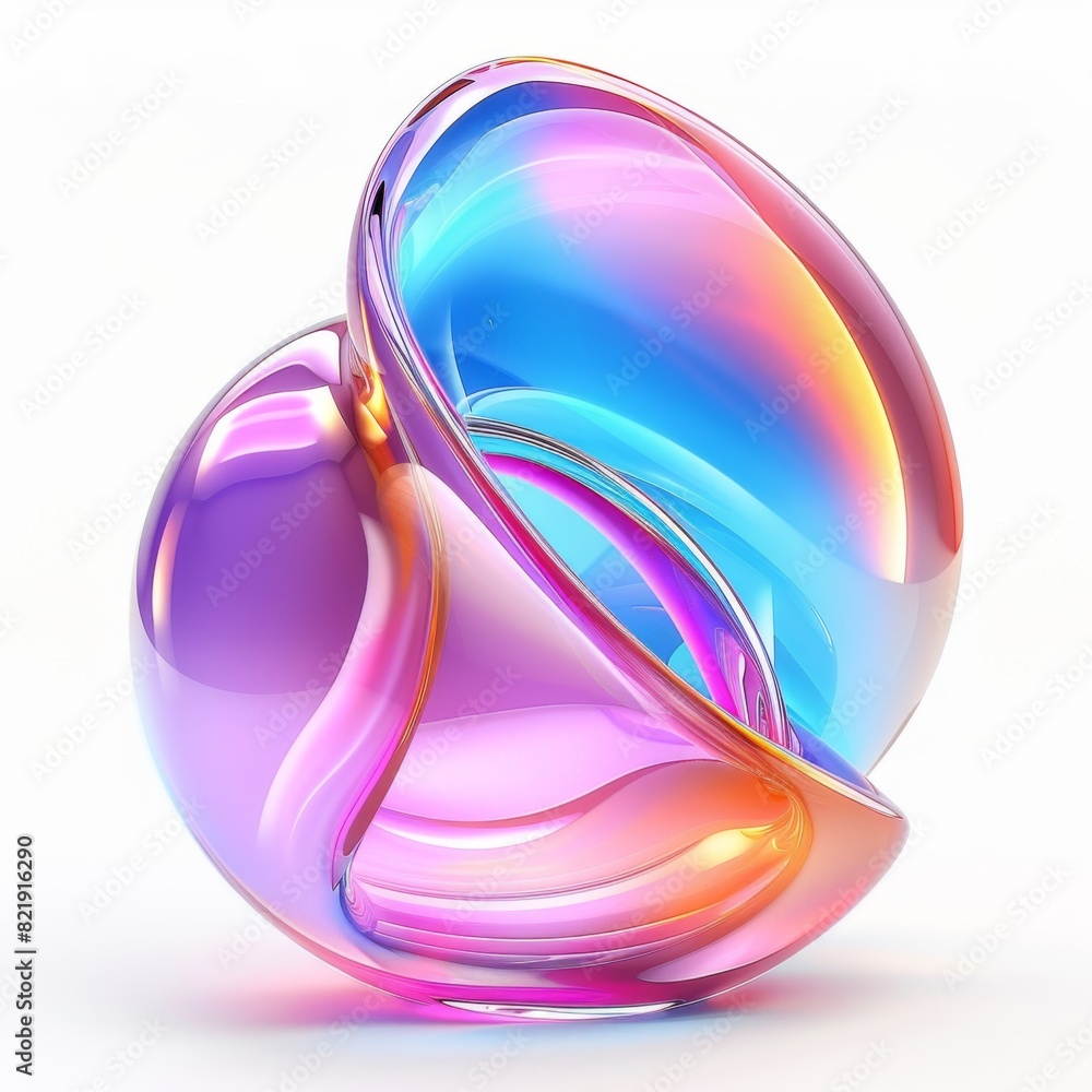 Poster a vibrant, multicolored abstract holographic object on a clean white surface. creating a striking an