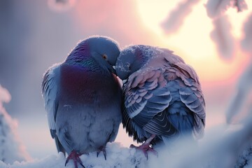 Two doves pigeons sit on a branch and hug, winter snow