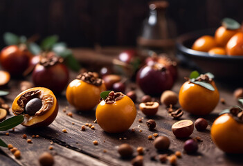 Néfliers (Mespilus germanica) sur une table en bois