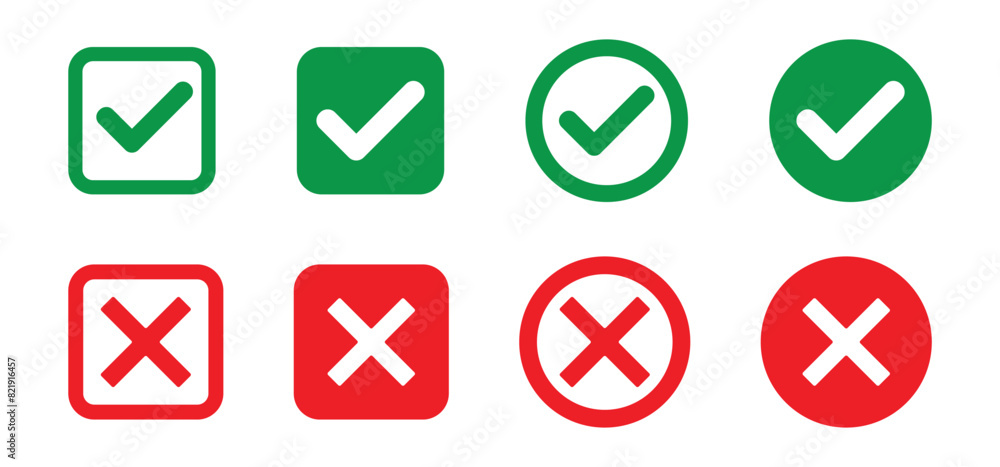Poster tick and cross button. set of green and red check box with yes and no sign. vector symbol on transpa