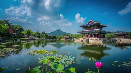 Naklejka premium Japanese architecture of traditional temple in modern design, AI Generated