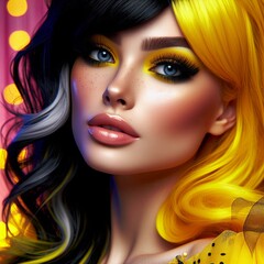 A beautiful woman with yellow makeup and yellow and black hair, on the background of bright colors, in the style of fashion photography and advertising photo with professional studio lighting,