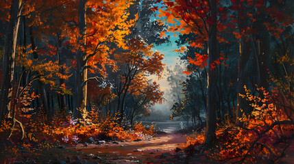 night scene of autumn forest,landscape painting