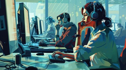 Painting of Call Center agent busy in working with official team