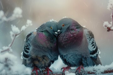 Two doves pigeons sit on a branch and hug, winter snow