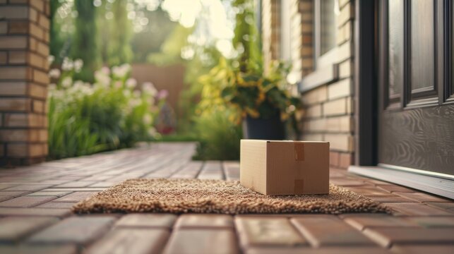 Delivered parcel or box on door mat near entrance