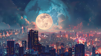night scenery of full moon over night city skyline with colorful light,illustration painting