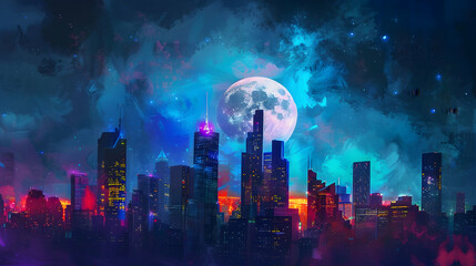 night scenery of full moon over night city skyline with colorful light,illustration painting