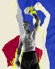 Champion. Muscular man, boxing athlete raising one hand upwards, showing victory. Abstract...