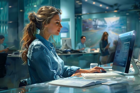 Receptionist at Work Station Interacting with Customers in Modern and Dynamic Workspace