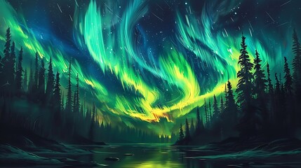 Stunning aurora borealis dancing across a starry night sky, illuminating the darkness.