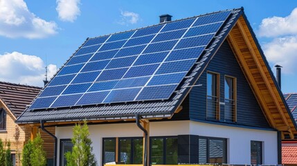 Fototapeta premium Modern eco friendly passive house with solar panels on the gable roof