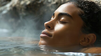 Fototapeta premium Tranquil Woman Enjoying Serene Hot Spring Bath