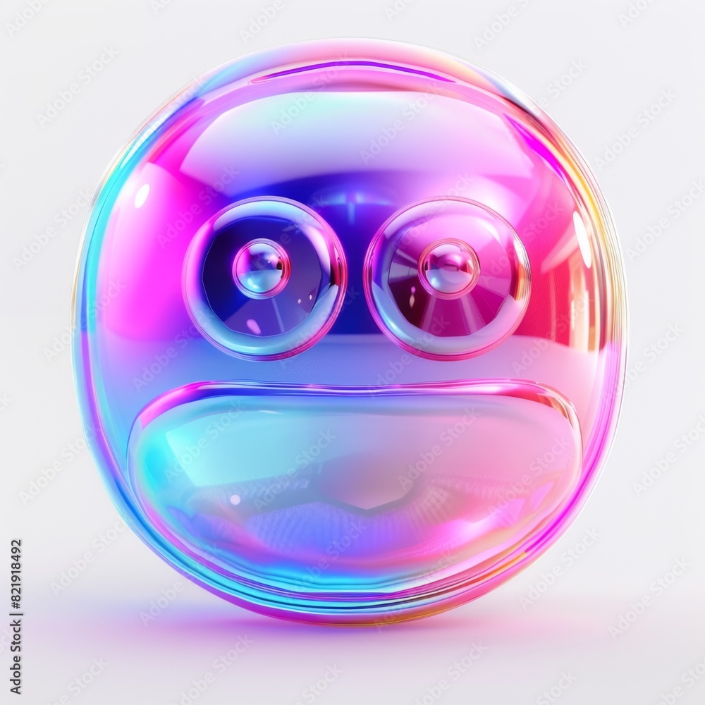 Poster a colorful object with a smiley face on it, featuring holographic and minimalistic design elements. 