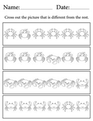 Crab Puzzle. Printable Activity Page for Kids. Educational Resources for School for Kids. Kids Activity Worksheet. Find the Different Object