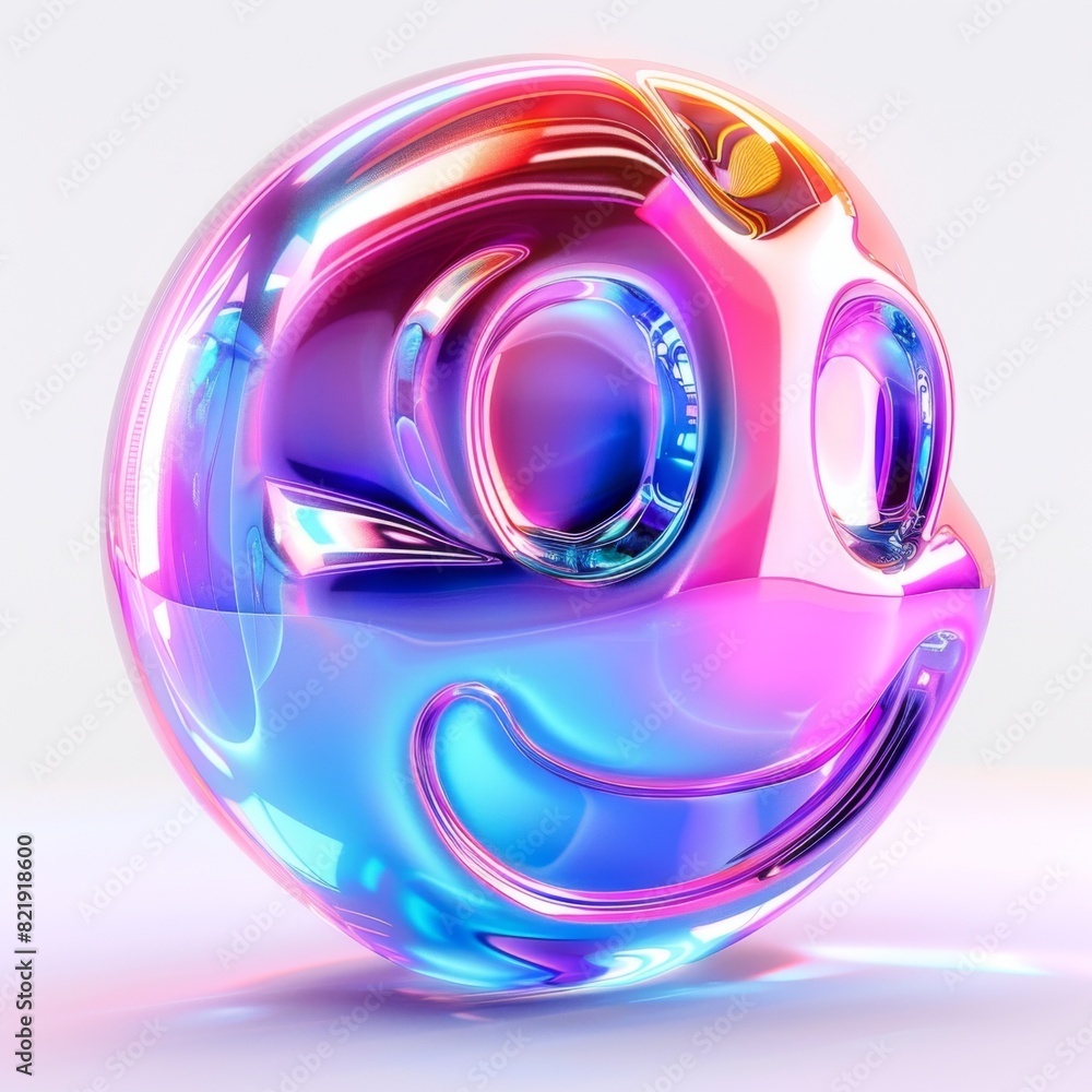 Poster a colorful object with a smiley face on it, featuring holographic and minimalistic design elements. 
