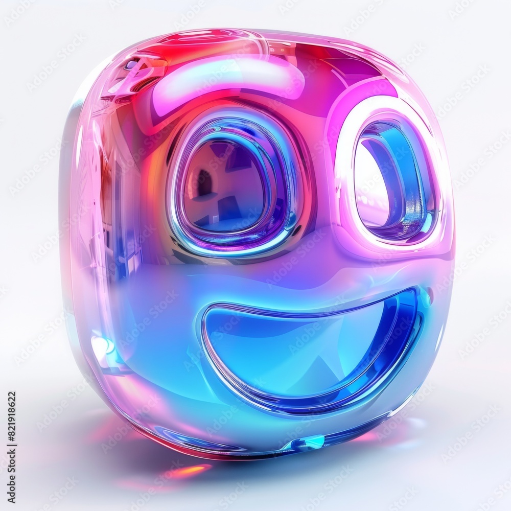 Poster a colorful object with a smiley face on it, featuring holographic and minimalistic design elements. 