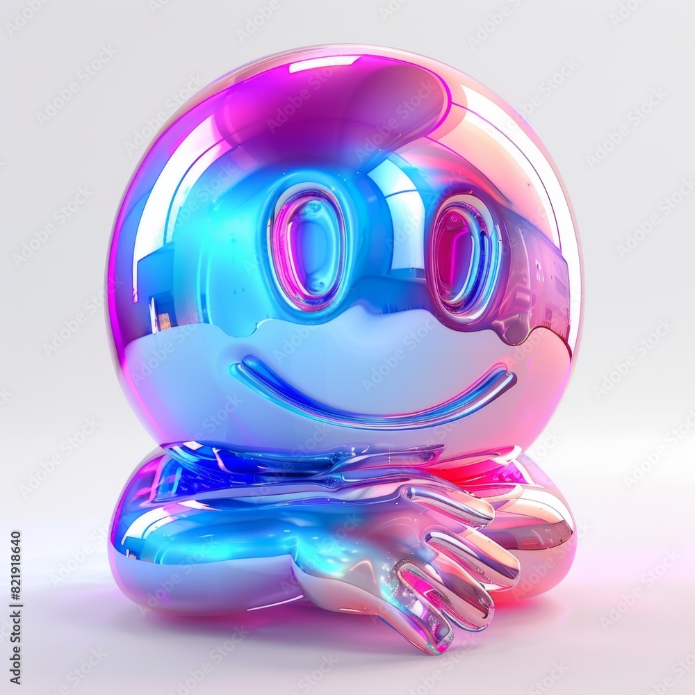 Poster a colorful object with a smiley face on it, featuring holographic and minimalistic design elements. 