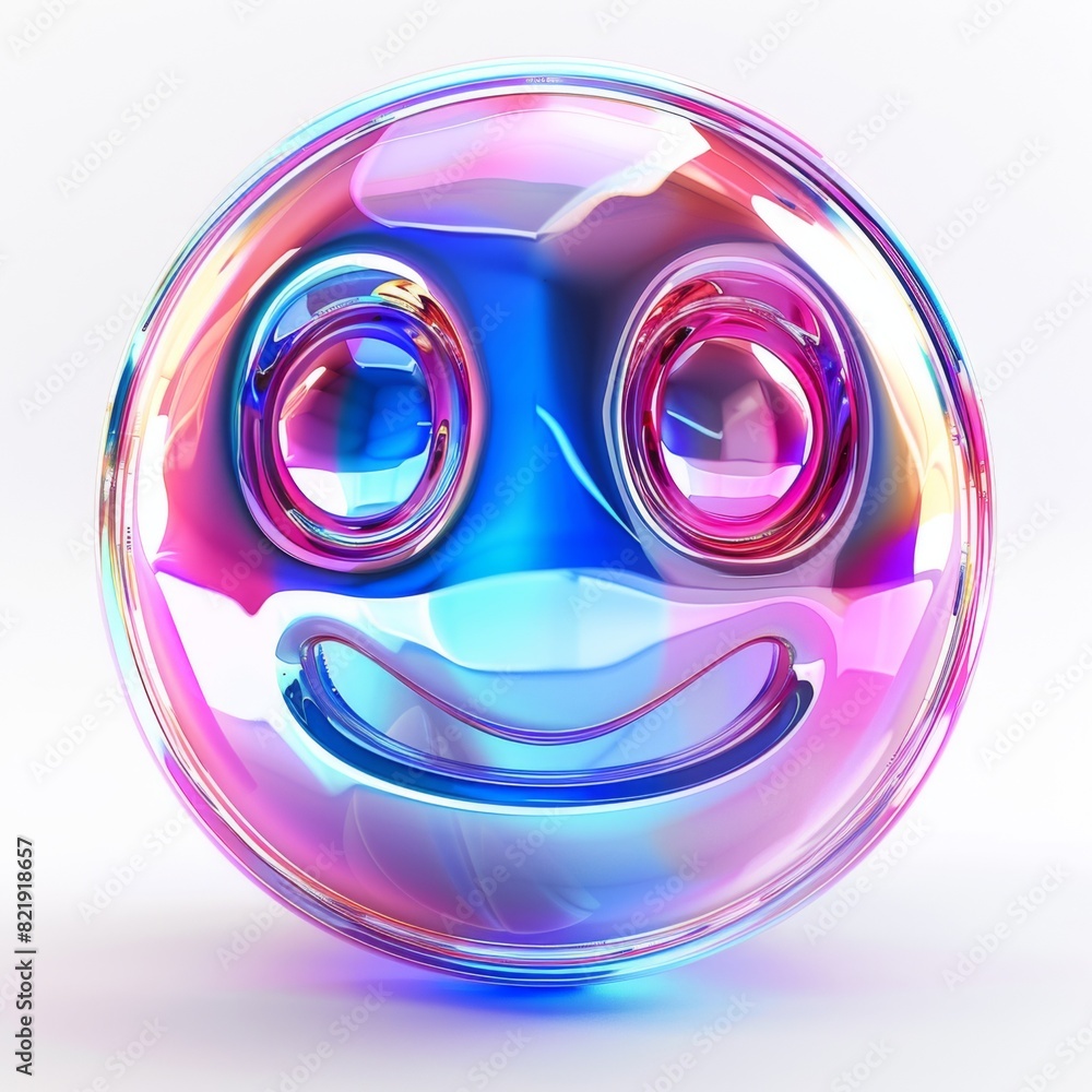 Poster a colorful object with a smiley face on it, featuring holographic and minimalistic design elements. 