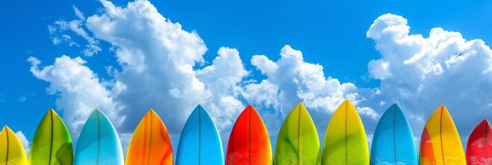 Colorful surfboards under clear blue sky   ideal summer beach vacation concept for sea enthusiasts