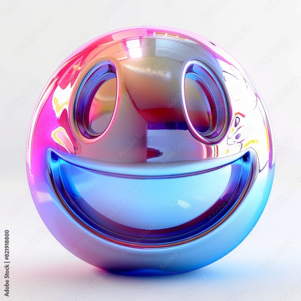 Poster a colorful object with a smiley face on it, featuring holographic and minimalistic design elements. 