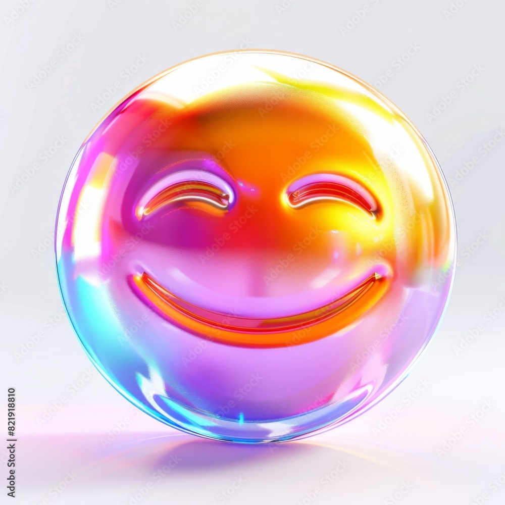 Poster a colorful object with a smiley face on it, featuring holographic and minimalistic design elements. 