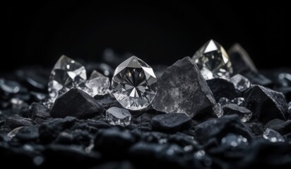 Macro photo. Diamonds on black coal background.