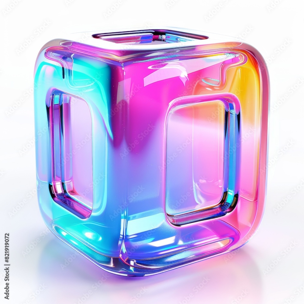 Poster a vibrant, multicolored abstract holographic object on a clean white surface. creating a striking an