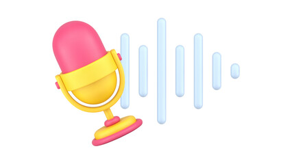 Retro microphone podcast audio recording studio music radio show stereo wave 3d icon vector