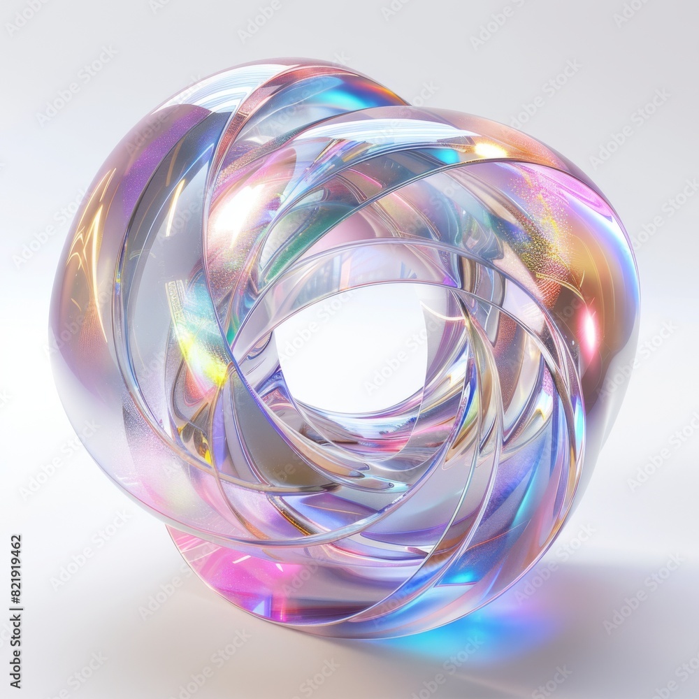 Poster a vibrant, multicolored abstract holographic object on a clean white surface. creating a striking an