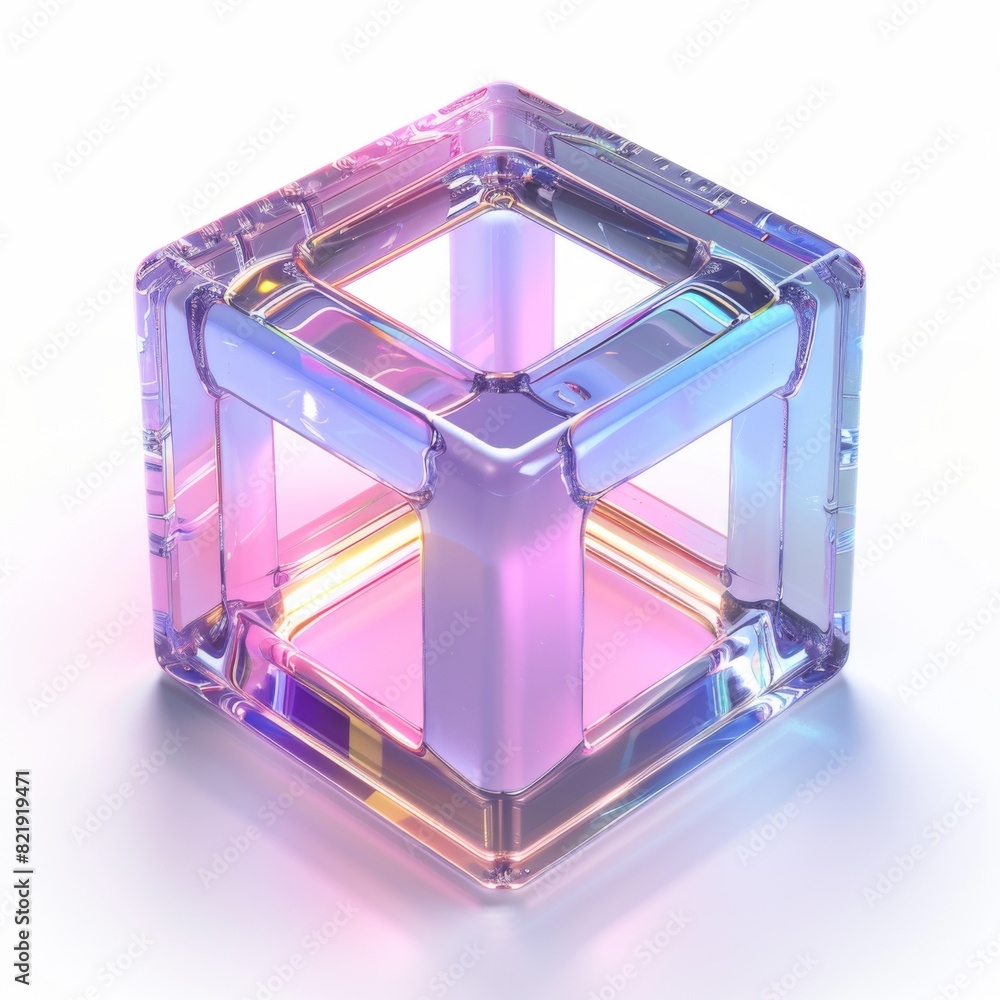 Poster a vibrant, multicolored abstract holographic object on a clean white surface. creating a striking an